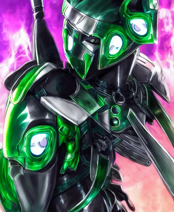 Prompt: an anime portrait of a masked cyborg warrior with jade green armour and a futuristic helmet with a neon jade visor by Yusuke Murata, 4k resolution, detailed