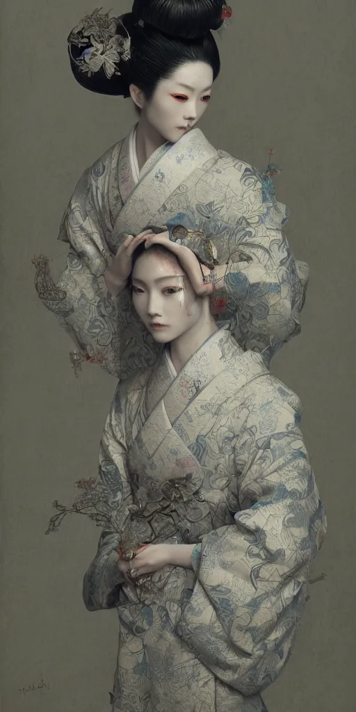 Image similar to portrait of a geisha, fractal, intricate, elegant, highly detailed, digital photography, subsurface scattering, cinematic lighting, by jheronimus bosch and james jean and greg rutkowski