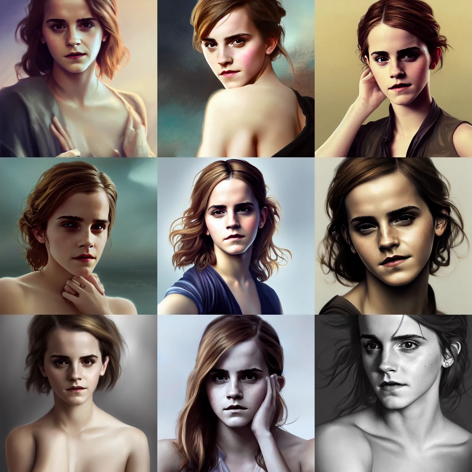 Prompt: Emma Watson showing her hand, realistic, digital painting, portrait, elegant, cinematic lighting, mysterious, highly detailed, artstation, concept art, illustration, smooth, sharp focus, editor's pickup, trending on artstation, trending on deviantart, alphonse mucha, WLOP