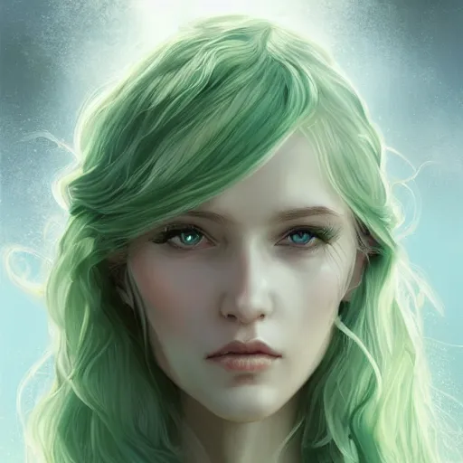 Prompt: portrait of a beautiful young woman with bright blue eyes, flowing white hair, dressed in a green, detailed face, fantasy, highly detailed, cinematic lighting, digital art painting by artgem, trending on artstation, very very beautiful, very attractive, high fantasy