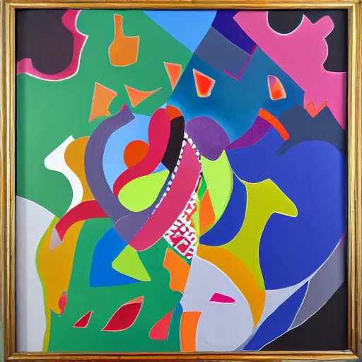 Prompt: an acrylic painting consisting of regular right triangles of varying sizes, wild brush strokes, beautiful gradients, and interweaving decorative acanthus design elements, mixed media, award winning painter, realistic rococo floral elements, a balance of small, medium and large design elements, symmetrical design 8k painted by KAWS, Picasso, Kandinsky and WLOP