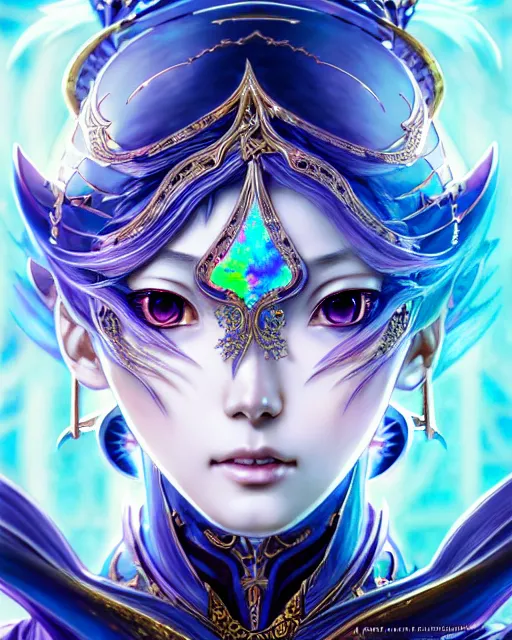 Prompt: anime portrait of an iridescent opal cyborg kunoichi, intricate ornate details, fantasy, elegant, highly detailed, digital painting, artstation, concept art, smooth, sharp focus, illustration, artbook, splash art, promo art, soul calibur, league of legends, art by artgerm and greg rutkowski and bo chen and jin xiaodi