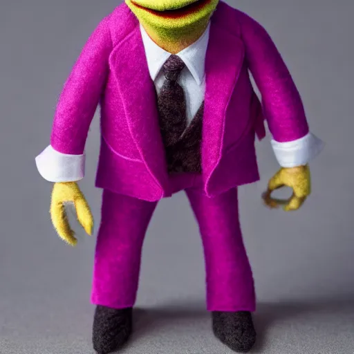 Image similar to saul goodman as a muppet. dark suit with pink dress shirt. highly detailed felt. hyper real photo. 4 k.