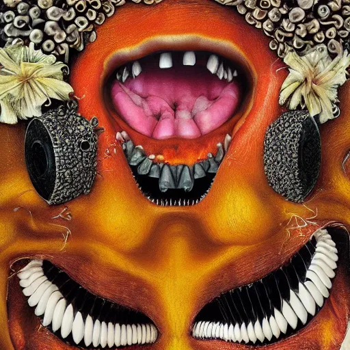 Prompt: album cover, teeth, abstract, black, white, orange, psychedelic, giuseppe arcimboldo