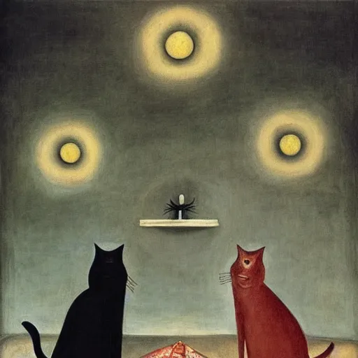 Prompt: By Leonora Carrington, a large cat using a divination circle to summon a large tuna fish, shadowy environment lit by very large candles, artistic, oil painting.