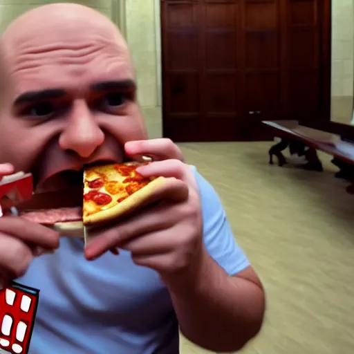 Image similar to gopro footage of a man made out of hotdogs eating a slice of pizza in a court room, iso 2 0 0, depth of field, cinematic, volumetric lighting