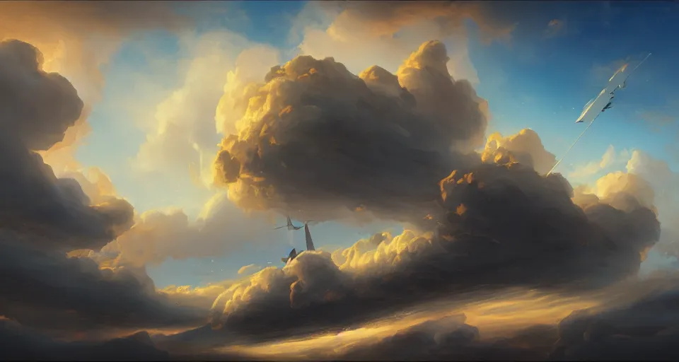 Prompt: landscape : a large wooden sleek fantasy sky - ship flying through the clouds with blue sky, andreas rocha style
