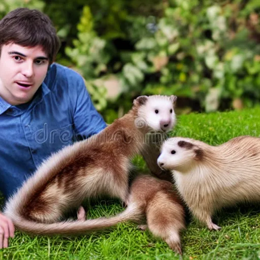 Image similar to man surrounded by ferrets falling around him, stock photo