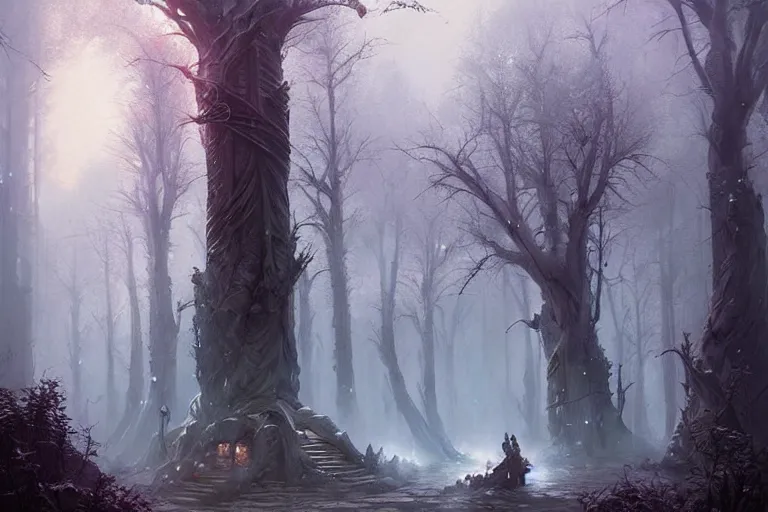 Prompt: art in the styles of greg rutkowski and thomas kinkade, Trending on artstation. Epic fantasy art. A twisted enchanted forest where the trees appear to be made of bone, intricately detailed