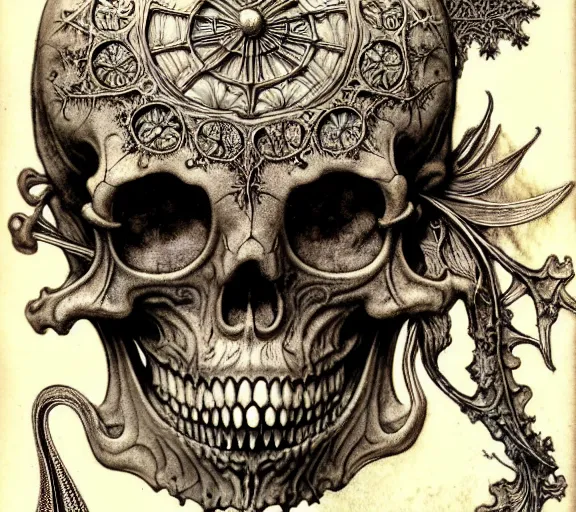 Image similar to memento mori by arthur rackham, art forms of nature by ernst haeckel, exquisitely detailed, art nouveau, gothic, ornately carved beautiful skull dominant, intricately carved antique bone, art nouveau botanicals, ornamental bone carvings, art forms of nature by ernst haeckel, horizontal symmetry, arthur rackham, ernst haeckel, symbolist, visionary