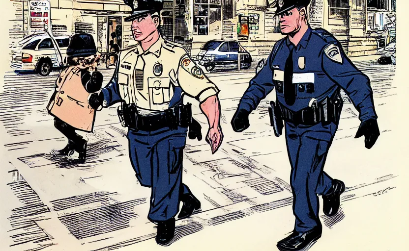 Image similar to a police officer leading a raccoon into the police station by howard chaykin