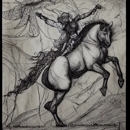 Image similar to “8k ink drawing of Diana huntress, Horses in run, intricate in style of Michelangelo and Albrecht Durer, beautiful woodland, hand made paper”