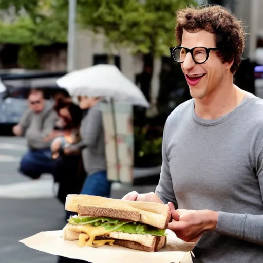 Image similar to andy samberg eating a sandwich