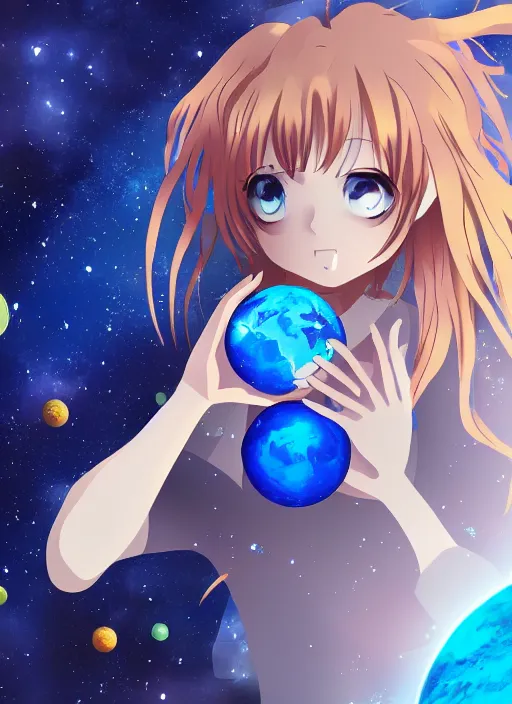 Prompt: an anime in outer space holding a small blue planet in her hands, no other planets, digital art, anime