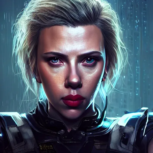 Image similar to scarlett johansson portrait, dystopia core, apocalyptic, armor, warrior, dramatic, sharp focus, fiction, neon, fantasy, hyper detailed, digital art, trending in artstation, cinematic lighting, studio quality, smooth render, unreal engine 5 rendered, octane rendered, art style and nixeu and wlop and krenz cushart