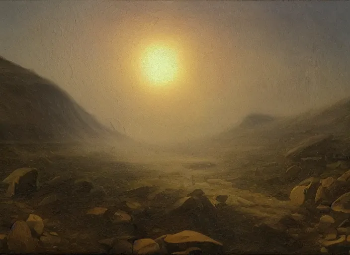 Image similar to earth after the cretaceous – paleogene extinction event, a harsh winter cools down the earth, blizzards envelop the lands and barely any sunlight gets through the thick dust clouds, in the style of hudson river school of art, oil on canvas