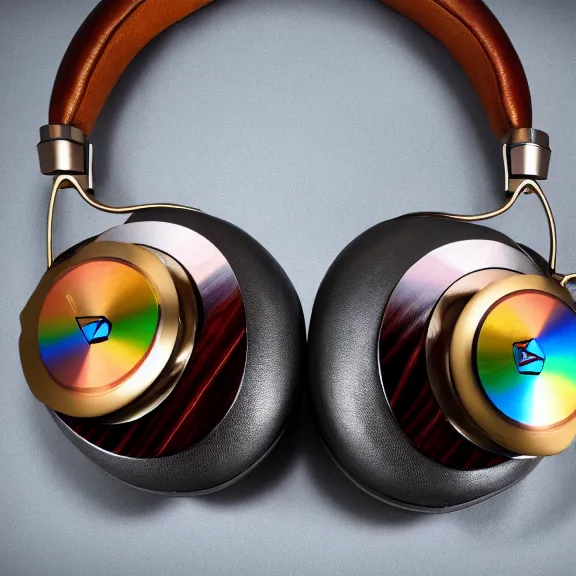 Image similar to masterpiece photo of beautiful crafted artistic bismuth metal headphones, bismuth rainbow metal, bismuth cups, leather padding, displayed on mahogany desk, modernist headphones, bismuth headphones beautiful well designed, hyperrealistic, audiophile, intricate hyper detail, extreme high quality, photographic, meze audio, sennheiser, hifiman, artstation