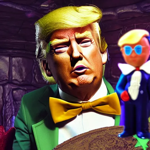 Image similar to portrait of donald trump as willy wonka in skyrim, fantasy, splash art, movie still, detailed face, photorealistic facial features, cinematic lighting, dramatic, octane render, long lens, shallow depth of field, bokeh, anamorphic lens flare, 8 k, hyper detailed, 3 5 mm film grain