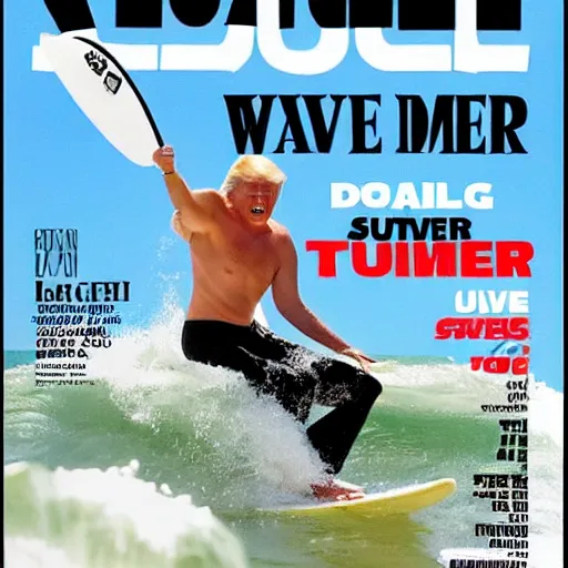 Image similar to donald trump catching a wave, cover of surfer magazine, july 2 0 1 1