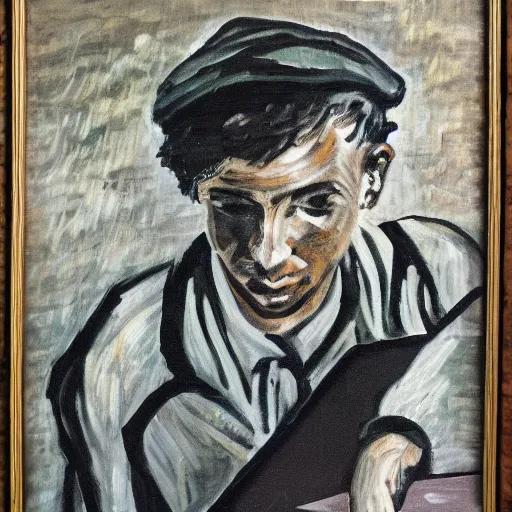 Prompt: 1 9 6 0's detailed intricate social realism painting of worker with laptop, heroic