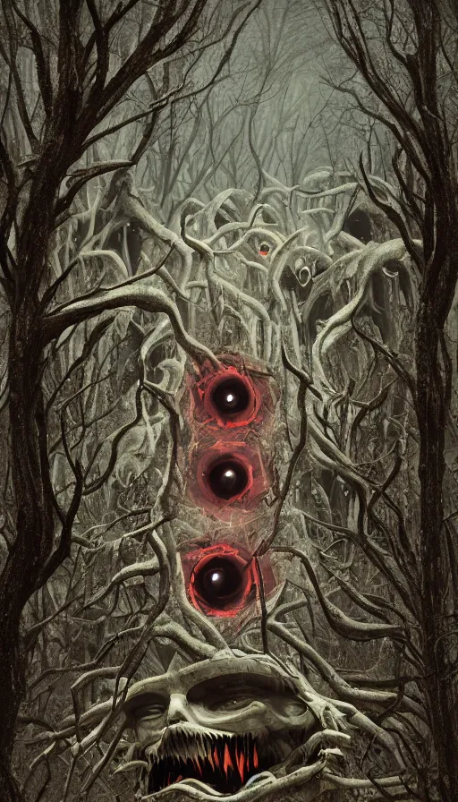 Prompt: a storm vortex made of many demonic eyes and teeth over a forest, with octane