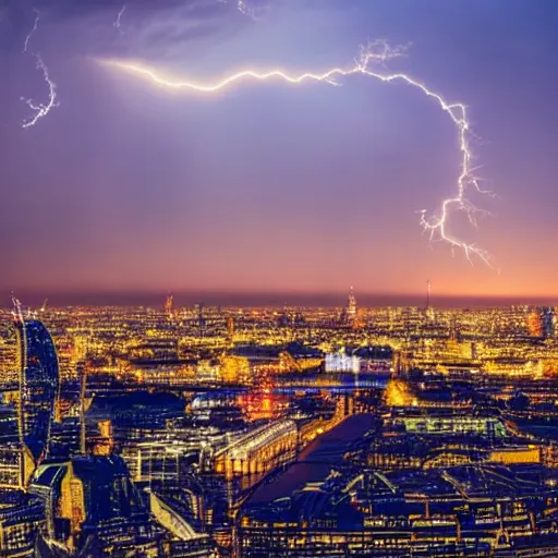 Prompt: a cityscape of London at sunset and lightening in the sky