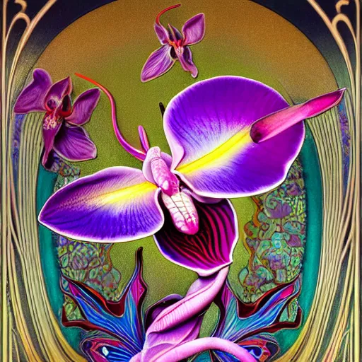 Image similar to majestic colorful orchid mantis enamel by leon bakst and yoshitaka amano, cloisonne, iridescent, black opals, beautiful hyperdetailed art nouveau orchids, james jean, amanda sage, ultrasharp photorealistic octane render