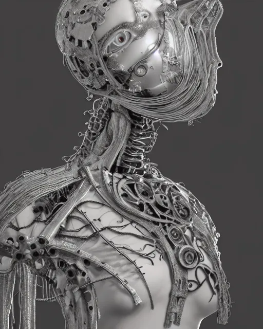 Image similar to black and white dreamy foggy smoky profile face portrait, one silver steampunk eye biomechanical beautiful young female cyclope - cyborg - robot bust, body ribs meshes,, volumetric light, hibiscus flowers, by hg giger, rim light, by dora maar and cecile beaton, big gothic fashion pearl embroidered collar, 8 k