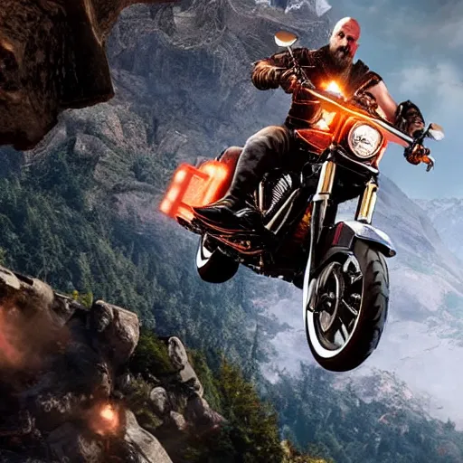 Image similar to kratos jumping a black harley - davidson motorcycle off a cliff, cinematic render, playstation studios official media, god of war 2 0 1 8