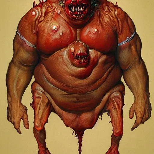 Image similar to upper body portrait of a bloated demonic man, by norman rockwell and boris vallejo, artstation, horror, concept creature character art