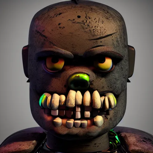 Image similar to cinematic bust portrait of zombie, head and chest only, style of Five Nights at Freddy's and Costume Quest, octane render