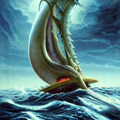 Prompt: full painting of the Nautilus fighting a giant squid in the middle of the ocean during a storm made by Jeff Easley and Peter Elson + realistic animal, + galaxy + gothic, surreal, dread + highly detailed, intricate complexity, epic composition, magical atmosphere + masterpiece, award winning + trending on artstation,