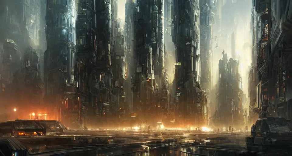 Image similar to hyper realistic sci - fi matte concept art painting of city made from giant stacks of disks, beautiful details, strong composition painted by andree wallin, smooth, intricate, detailed, sharp focus, cinematic