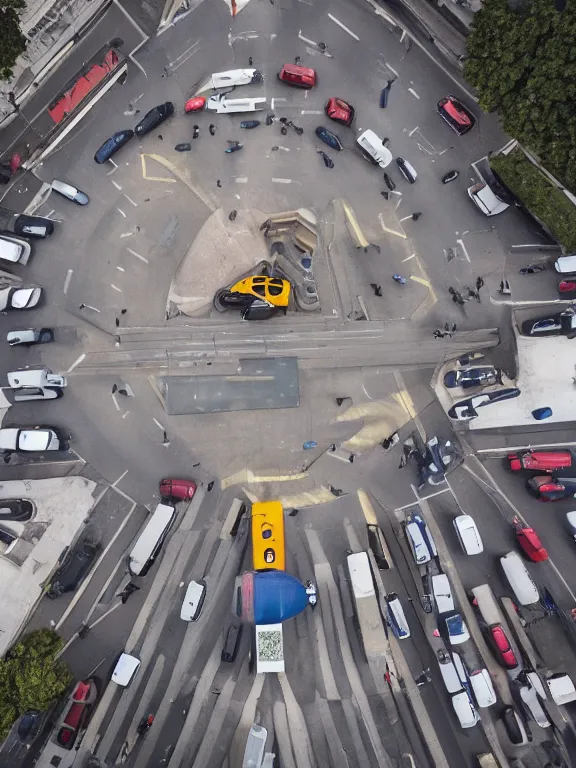 Prompt: traffic blocked by a giant boot. a giant foot stepping down onto the street and blocking cars. drone footage, award - winning photography, photojournalism