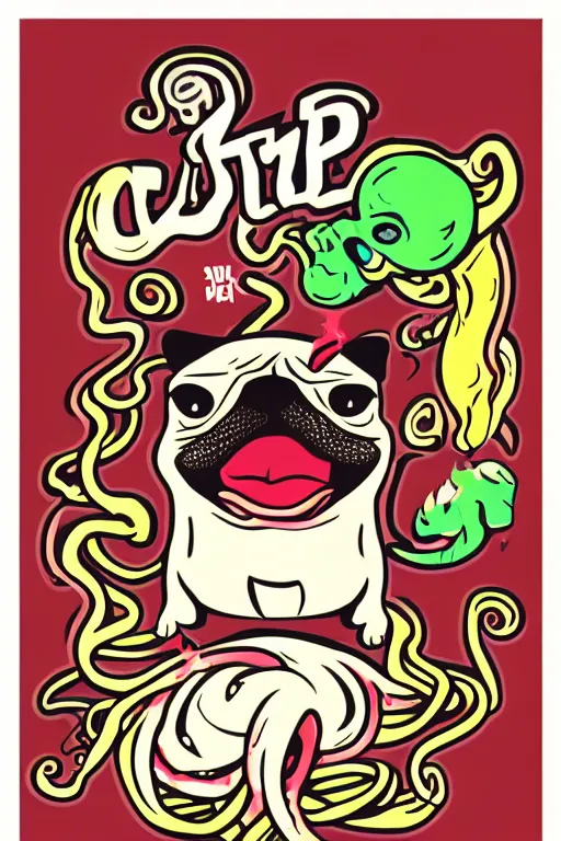 Image similar to Pug with tentacles, the devil, sticker, blood thirsty, spawn of Satan, burning in hell, blood, evil, colorful, illustration, highly detailed, simple, smooth and clean vector curves, no jagged lines, vector art, smooth