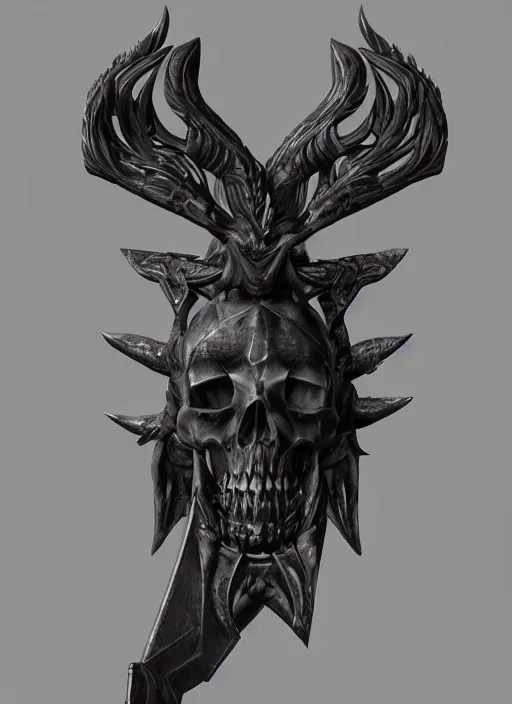 Image similar to a black long sword skull crest, orthographic, ornament, weapon, a 3 d render by dom qwek, front side full, trending on polycount, artstation, hard surface modeling, rendered in maya, zbrush, blender, hd, vray, berserk first person view, symmetry