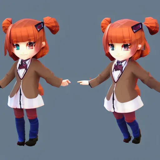 Image similar to ultra low poly modelling, smooth color gradients, isometric view, 1 6 bit colors, from touhou, a chibi girl, brown jacket with long sleeves, pigtails hair, volumetric lighting, fantasy, 4 k, intricate, hyper realistic, by blizzard, warcraft 3, backlit