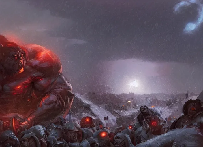 Prompt: giant darkseid attacking an encampment during a blizzard, highly detailed, digital illustration, artstation, concept art, matte, sharp focus, illustration, dramatic, full moon, art by artgerm and greg rutkowski and alphonse mucha