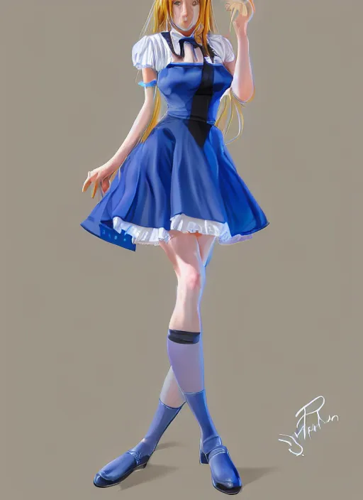 Image similar to a girl wearing a maid dress, blue dress, stripped thigh high, full body shot, highly detailed, digital painting, artstation, concept art, smooth, sharp focus, illustration