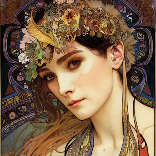 Prompt: realistic detailed face portrait of Cleopatra by Alphonse Mucha, Ayami Kojima, Amano, Charlie Bowater, Karol Bak, Greg Hildebrandt, Jean Delville, and Mark Brooks, Art Nouveau, Neo-Gothic, gothic, rich deep colors