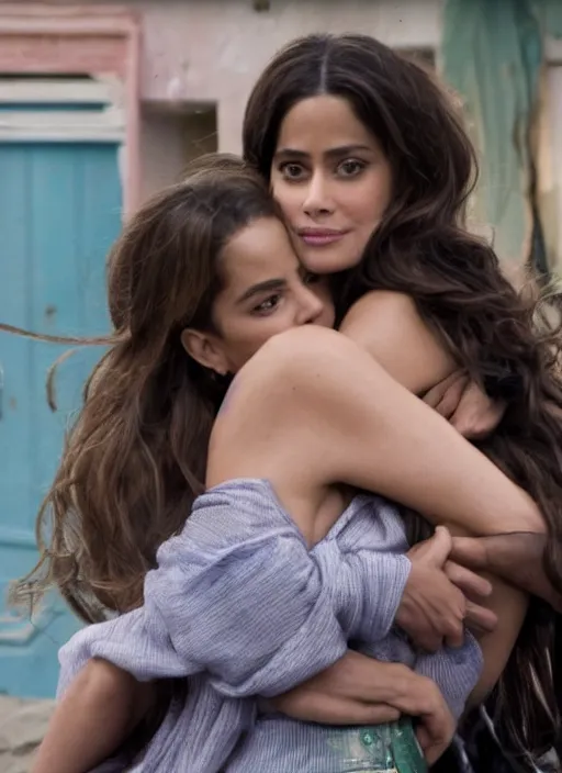 Prompt: film still of sofia vergara and salma hayek hugging in the ghetto, 4k.