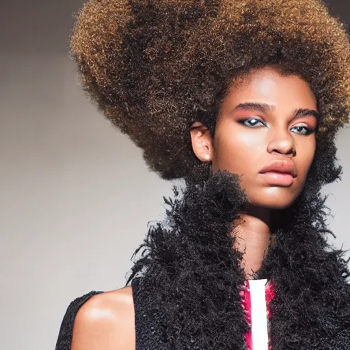 Prompt: close up of headof a black fashion model with afro, standing at black wall, official valentino editorial, highly detailed