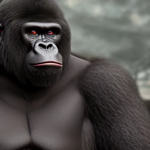 Image similar to big gorilla man terroizing church, 8k cinematic lighting, very sharp detail, anatomically correct