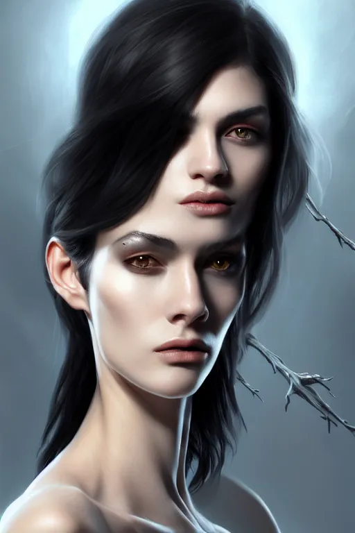 Image similar to ultra realistic style illustration of an androgynous gorgeous witch with shoulder length black hair pale skin and beautiful eyes, headshot, sci - fi, fantasy, intricate, elegant, highly detailed, digital painting, artstation, concept art, smooth, sharp focus, illustration, 8 k frostbite 3 engine, ultra detailed