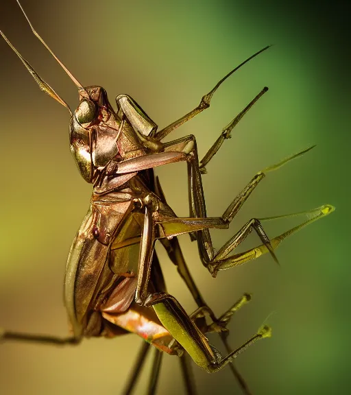 Prompt: super macro photo of a golden mantis on a flower in a forest. dof. bokeh. magical atmosphere. art by greg rutkowski. lifelike. very detailed 8 k. intricate. soft light. nikon d 8 5 0.