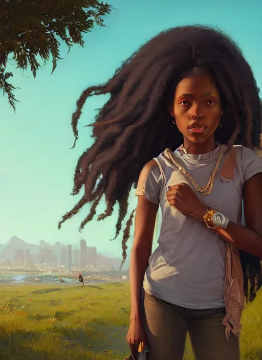 Image similar to highly detailed portrait of black girl with long hair looking at the camera in gta v, stephen bliss, unreal engine, fantasy art by greg rutkowski, loish, rhads, ferdinand knab, makoto shinkai and lois van baarle, ilya kuvshinov, rossdraws, tom bagshaw, global illumination, radiant light, detailed and intricate environment