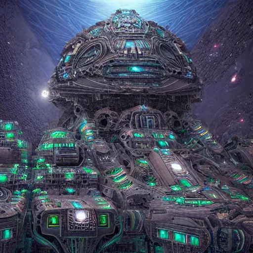 Image similar to a complex african city with a space port. art by machina infinitum and ian miller, infinite intricacy, rendered in octane, mandelbulb 3 d, ambient occlusion, macro photography, black opal