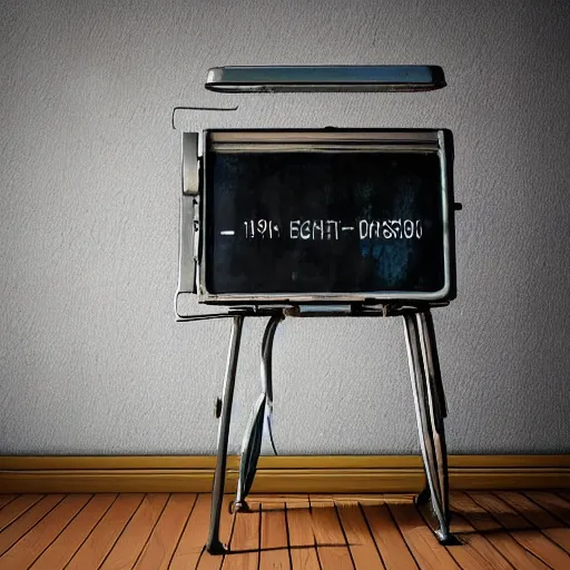 Prompt: an old, filthy, broken, 1960s-era, retro device, made of brushed steel, for displaying recipes, digital pong screen, set on an old, rusty, retro, kitchen counter, in a retro diner, dramatic constrasting light, blue lumionous mysterious lighting, redshift render, but as high contrast photography, featured on behance, golden ratio, f32, well composed, cohesive, from the show X-Files