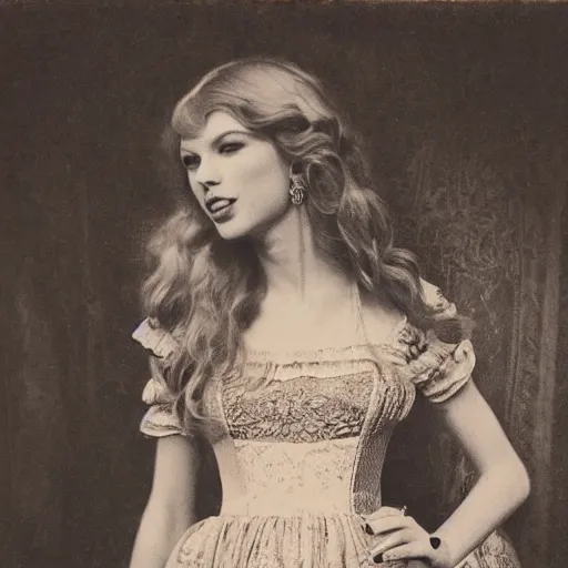 Prompt: daguerreotype of taylor swift wearing southern belle clothes, very detailed, very intricate,