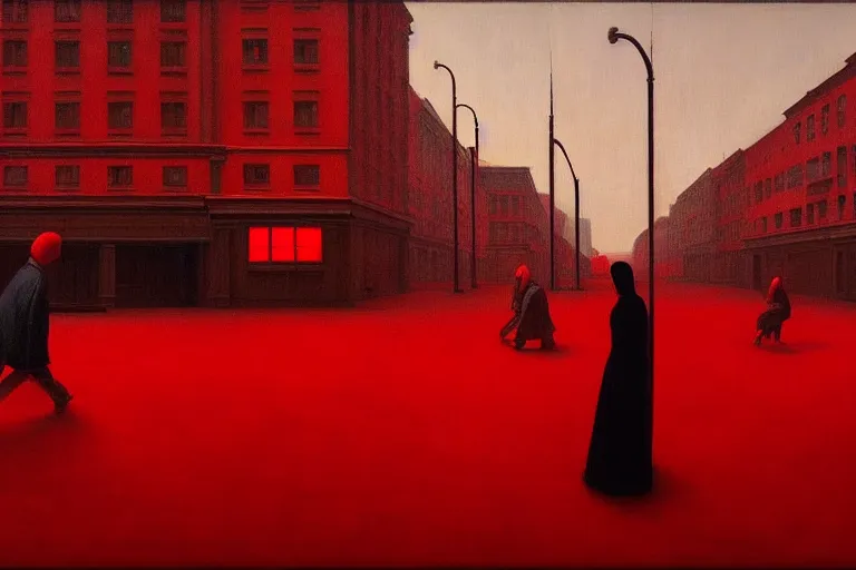 Image similar to only with red, crowd delirious at the sight of a painting, in a city square, in the style of beksinski, parts by edward hopper, parts by rodcenko, parts by yue minjun, intricate and epic composition, red by caravaggio, insanely quality, highly detailed, masterpiece, red light, artstation, 4 k